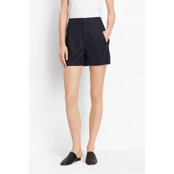 Vince Pants - Vince High Rise Chino Pleated Shorts Navy Blue 4
